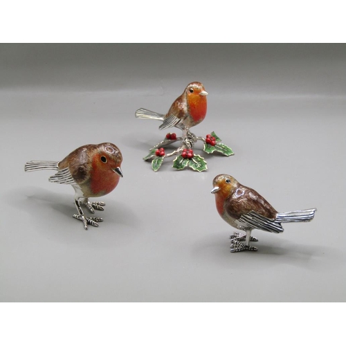 1520 - THREE SILVER AND ENAMEL ROBINS