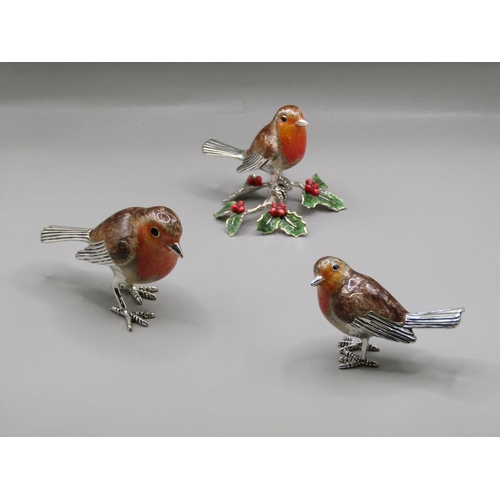 1520 - THREE SILVER AND ENAMEL ROBINS