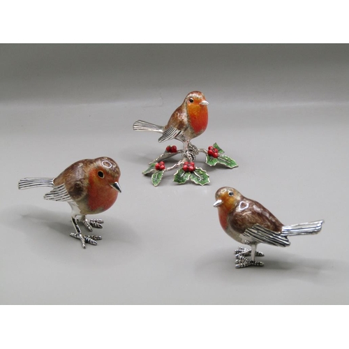 1520 - THREE SILVER AND ENAMEL ROBINS