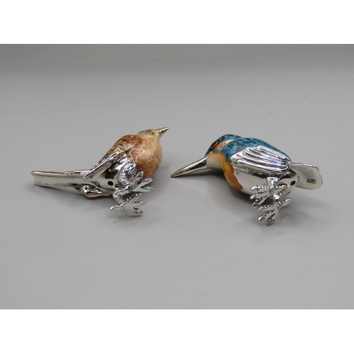 1526 - SILVER AND ENAMEL KINGFISHER AND SILVER AND ENAMEL BIRD