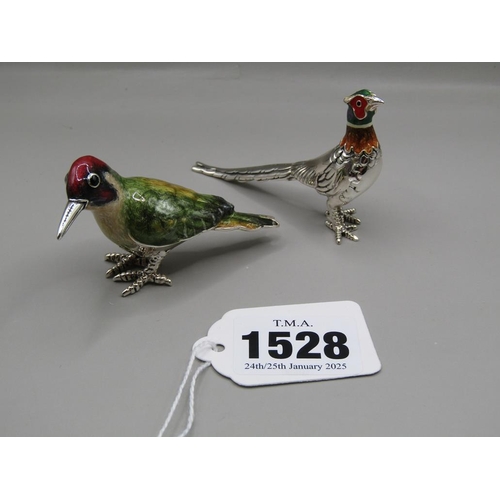 1528 - SILVER AND ENAMEL PHEASANT AND SILVER AND ENAMEL WOODPECKER