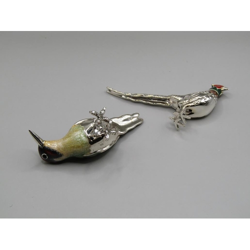 1528 - SILVER AND ENAMEL PHEASANT AND SILVER AND ENAMEL WOODPECKER