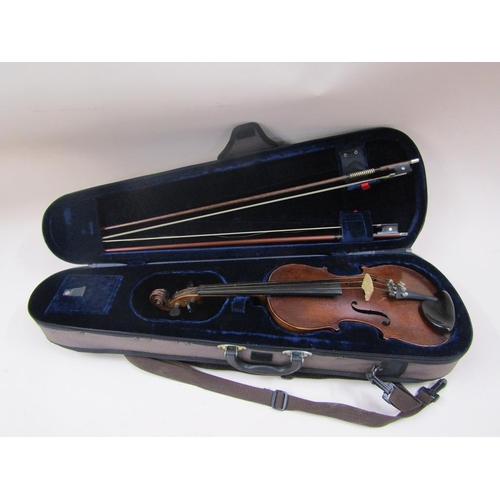 1290 - VIOLIN WITH INSIDE LABEL COMBAGNON, TWO BOWS AND CASE; EMPTY VIOLIN CASE