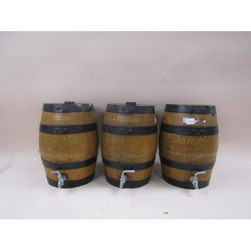 1355 - THREE COOPERED SHERRY BARRELS, 35CM H