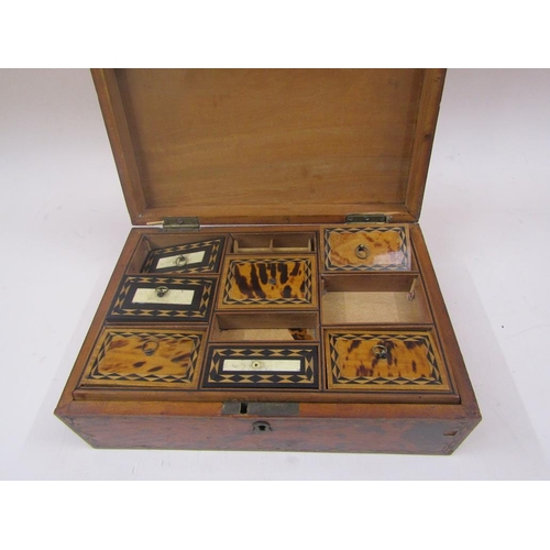 1365 - 19C NEEDLEWORK BOX WITH TORTOISESHELL CASING, FITTED INTERIOR, 30CM W - A/F