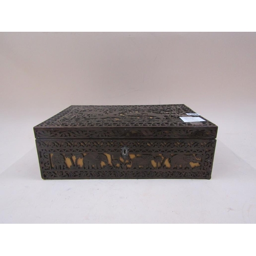 1388 - LATE 19C FRETWORK NEEDLEWORK BOX, 38CM W