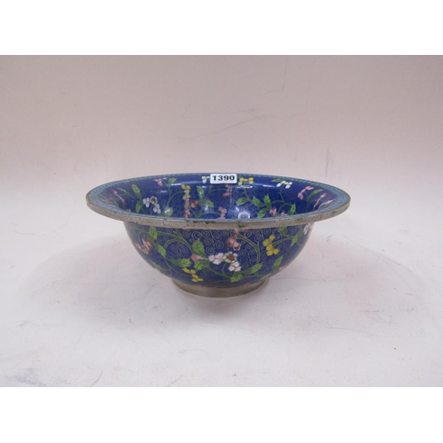 1390 - CHINESE BLUE GROUND CLOISONNE BOWL, 22CM DIAM