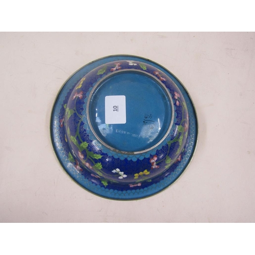 1390 - CHINESE BLUE GROUND CLOISONNE BOWL, 22CM DIAM