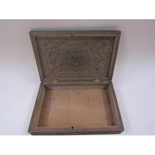 1391 - LATE 19C/EARLY 20C CARVED HARDWOOD BOX AND COVER, 34CM W