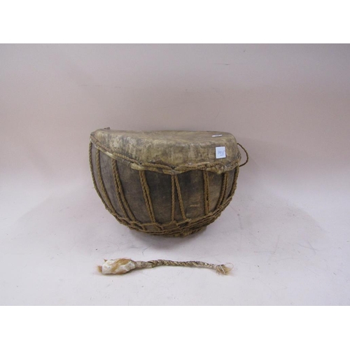 1418 - AFRICAN HIDE DRUM, 35CM DIAM WITH STICK