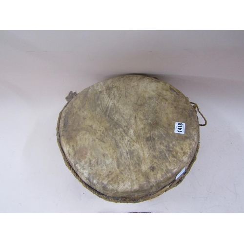 1418 - AFRICAN HIDE DRUM, 35CM DIAM WITH STICK