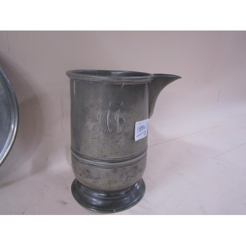 1458 - TWO 19C PEWTER TANKARDS AND A DISH