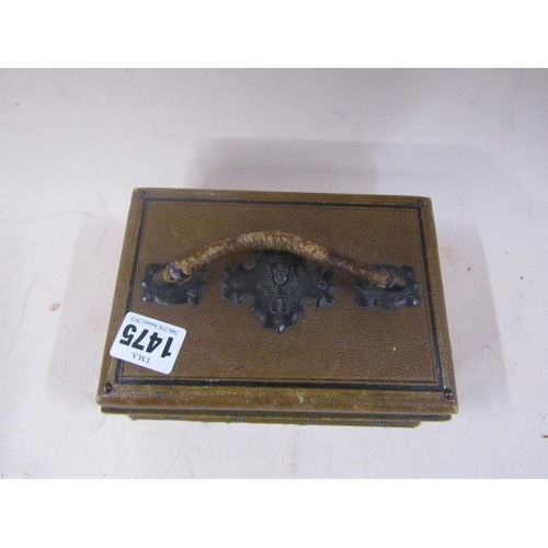 1475 - LEATHER BOUND METAL SPHINX MOUNTED BOX, 18CM W