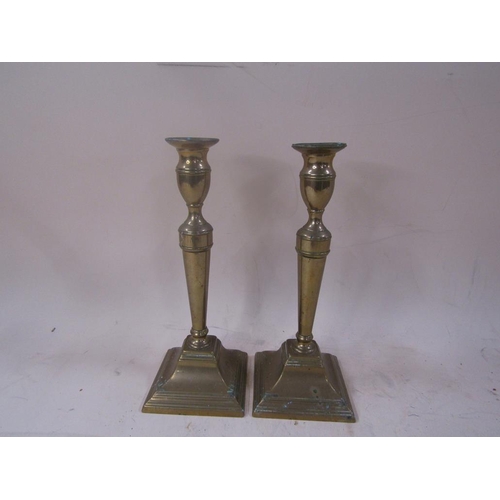 1478 - PAIR OF LATE 18C BRASS CANDLESTICKS, 27CM H