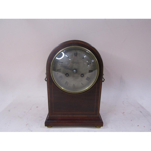 1479 - LATE 19C INLAID MAHOGANY CASED DOME TOP MANTEL CLOCK, CIRCULAR SILVER DIAL NAMED L MUNFORD, FENCHURC... 