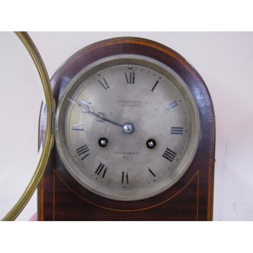 1479 - LATE 19C INLAID MAHOGANY CASED DOME TOP MANTEL CLOCK, CIRCULAR SILVER DIAL NAMED L MUNFORD, FENCHURC... 