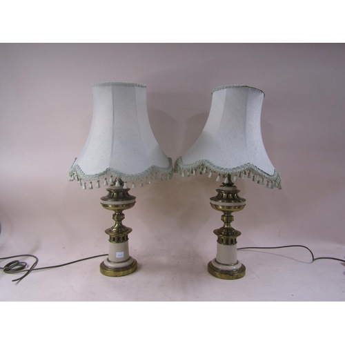 1480 - PAIR OF ENAMEL AND BRASS TABLE LAMPS WITH SHADES, 55CM H