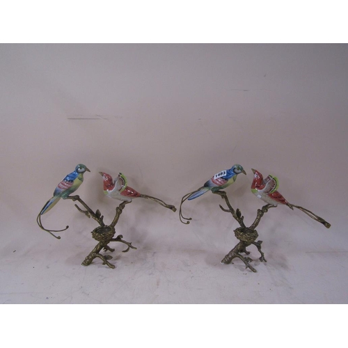 1483 - PAIR OF MODERN BRONZED AND PORCELAIN BIRD CANDLESTICKS