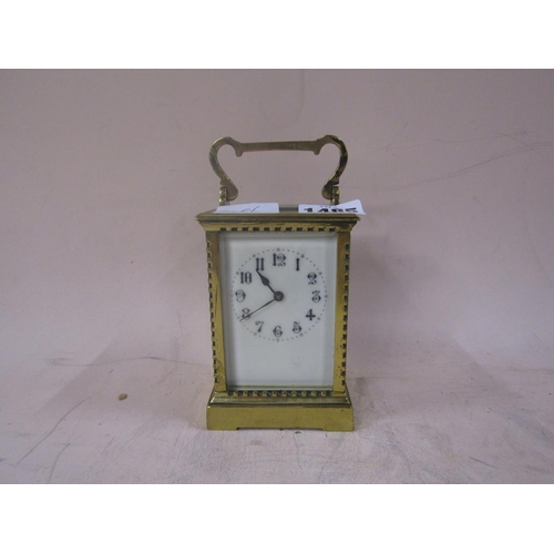 1485 - EARLY 20C FRENCH BRASS CASED CARRIAGE CLOCK, 15CM H HANDLE RAISED