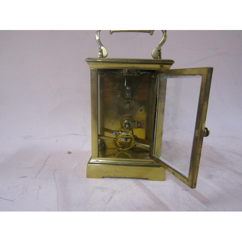 1485 - EARLY 20C FRENCH BRASS CASED CARRIAGE CLOCK, 15CM H HANDLE RAISED