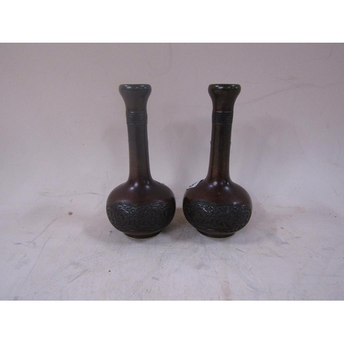 1492 - PAIR OF MEIJI PERIOD BRONZE SLENDER NECK VASES, 15CM H