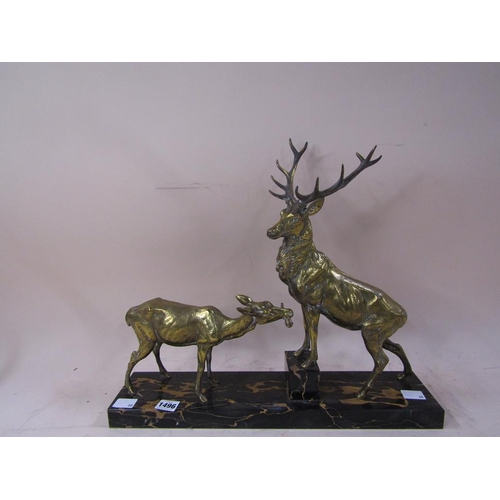 1496 - BRASS FIGURE GROUP OF A STAG AND DOE ON MARBLE BASE, 44CM W