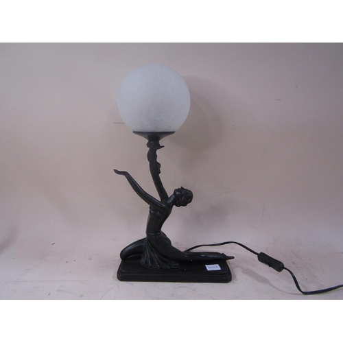 1498 - ART DECO STYLE BLACK LACQUERED METAL DANCING LADY TABLE LAMP WITH GLOBE, 49CM H