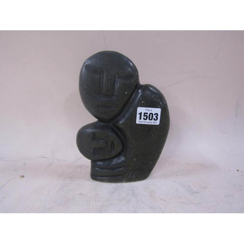 1503 - CARVED STONE FIGURE OF MOTHER AND CHILD, 18CM H