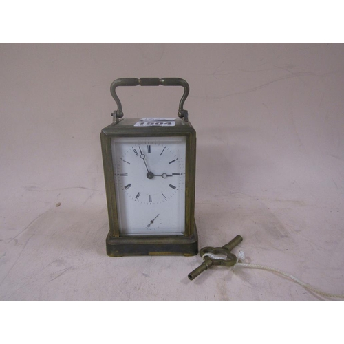 1504 - LATE 19C BRASS CASED ALARM CARRIAGE CLOCK, 14CM H HANDLE RAISED