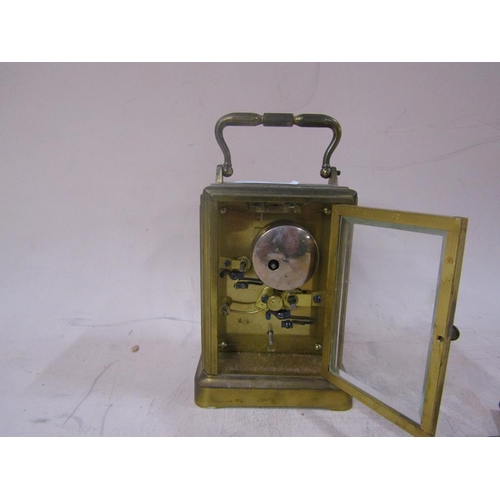 1504 - LATE 19C BRASS CASED ALARM CARRIAGE CLOCK, 14CM H HANDLE RAISED