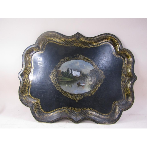 1505 - VICTORIAN BLACK LACQUERED PAPIER MACHE AND GILT DECORATED TRAY WITH A CENTRAL PAINTED PANEL DEPICTIN... 