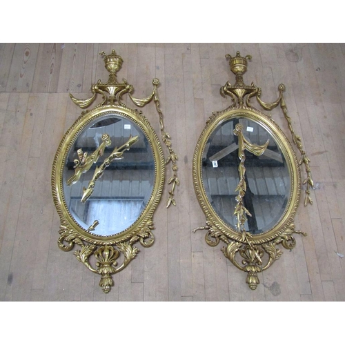 1257 - PAIR OF MID GEORGIAN STYLE GILT WOODEN STUCCO OVAL WALL MIRRORS 125 cms X 65 W - A/F