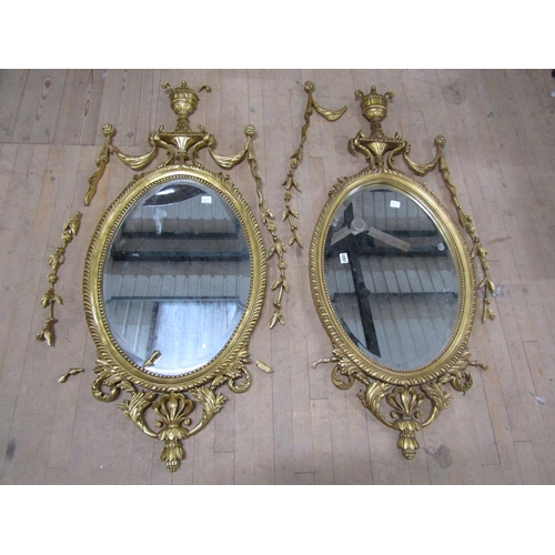 1257 - PAIR OF MID GEORGIAN STYLE GILT WOODEN STUCCO OVAL WALL MIRRORS 125 cms X 65 W - A/F