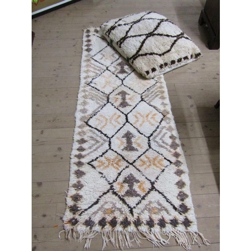 2034 - VINTAGE AZILAL MOROCCAN HAND WOVEN RUG TOGETHER WITH A BENI OURAIN CREAM AND BROWN MOROCCAN FLOOR CU... 