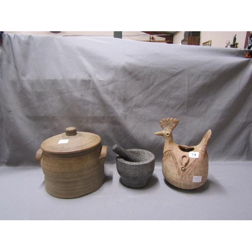 70 - STONEWARE POT COVER; MORTAR AND PESTLE ETC