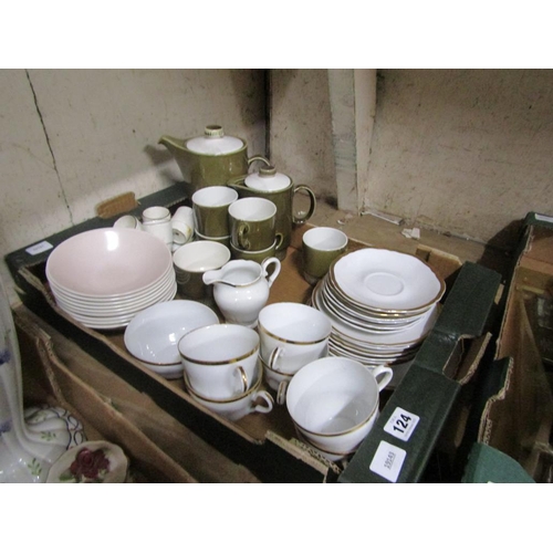 124 - BOX OF TEAWARES AND TABLE WARES TO INCL POOLE POTTERY