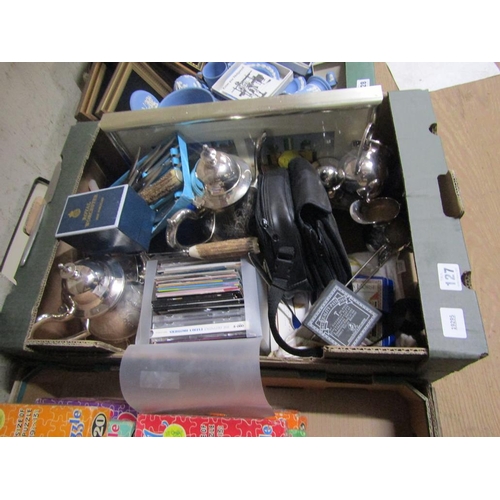 127 - BOX OF MISC TO INCL SILVER PLATE, WORCESTER