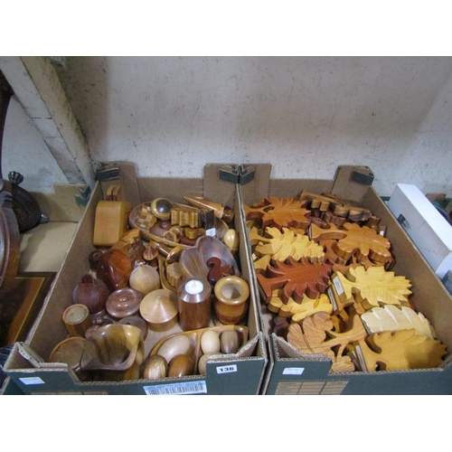 136 - TWO BOXES OF WOODEN CARVINGS ETC