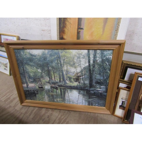 156 - QTY OF FRAMED OILS, PRINTS ETC; MIRROR