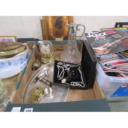 188 - BOX TO INCL SILVER PLATED TRAY, CLOCK, CLARET JUG ETC