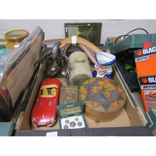 193 - BOX TO INCL BOOMERANGS, MIXED CERAMICS, MODEL CAR ETC