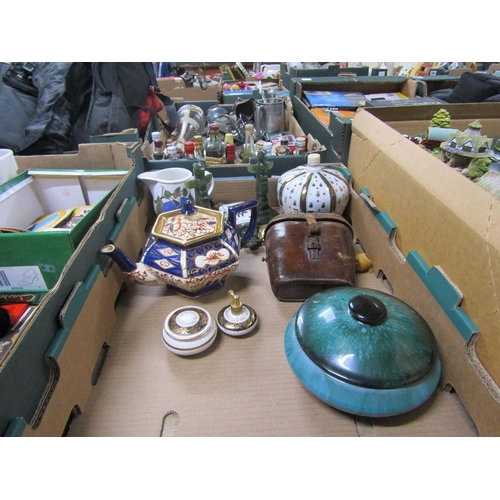 223 - BOX OF CERAMICS, BINOCULARS, NAPOLEON BRANDY DECANTER