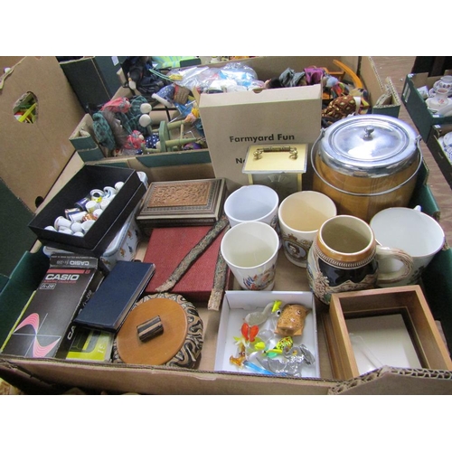 227 - BOX TO INCL COMMEMORATIVE CHINA, THIMBLES ETC