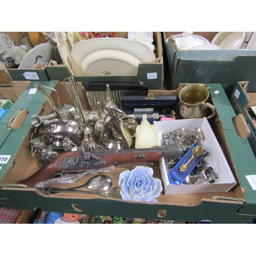 270 - BOX OF MISC TO INCL SOUVENIR SPOONS, METALWARE, IMITATION FLINTLOCK ETC