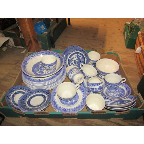 295 - BOX OF WILLOW PATTERN B&W TEA/DINNER WARES