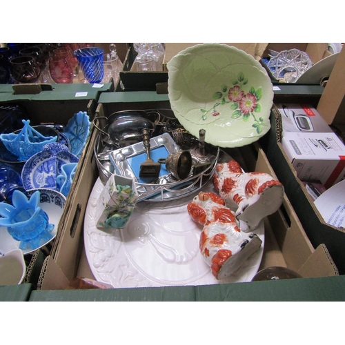 312 - BOX OF MIXED CERAMICS AND METALWARE TO INCL STAFFORDSHIRE DOGS