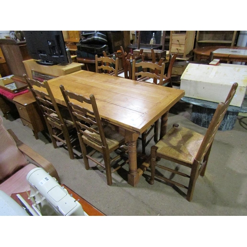 630 - OAK DRAWER LEAF DINING TABLE AND CHAIRS