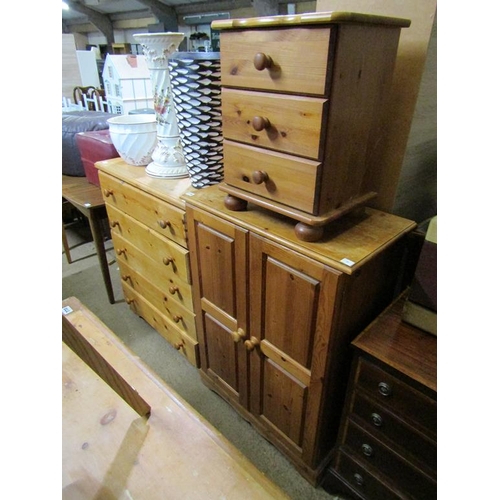 775 - PINE CHEST, PINE CUPBOARD AND A THREE DRAWER CHEST