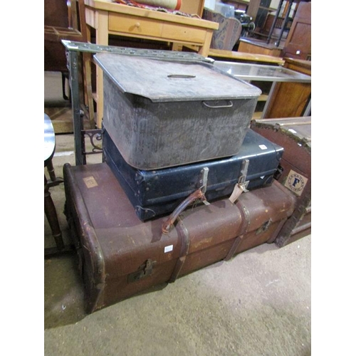 796 - TRUNK, SUITCASE AND A LARGE METAL TIN