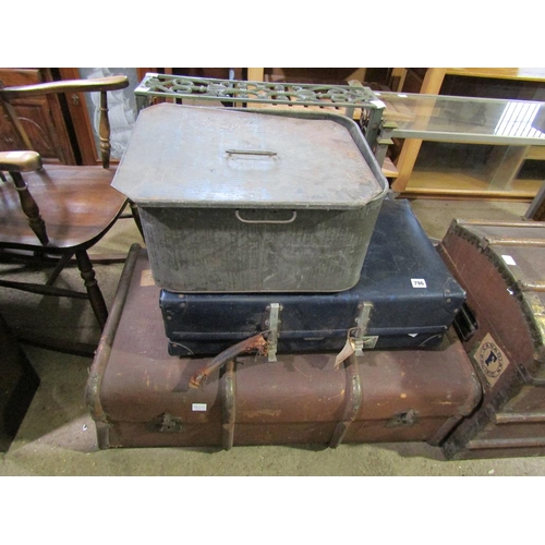 796 - TRUNK, SUITCASE AND A LARGE METAL TIN